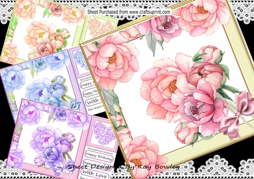 4 lovely coloured Peonies with bouquets and bows 8x8 Mini kit