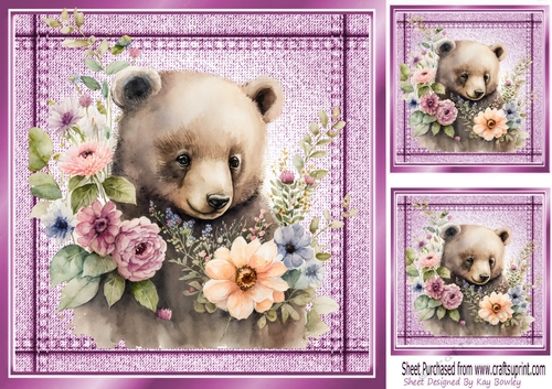 Lovely Huggy Bear in Stitched  Denim Pink Card 8X8