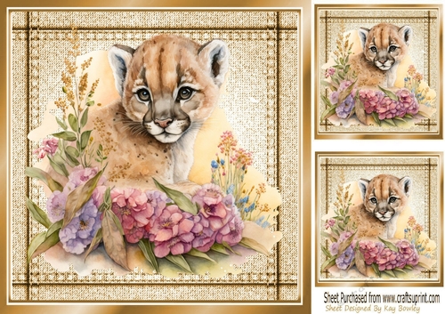 Lovely Tiger with flowers in Stitched  Denim Gold Card 8X8