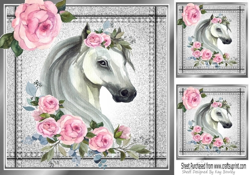 Lovely Horse With Roses in Stitched  Denim Silver Card 8X8