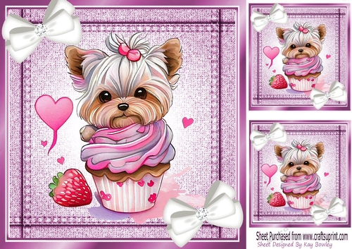Lovely Terrier in a cupcake in Stitched  Denim Pink Card 8X8