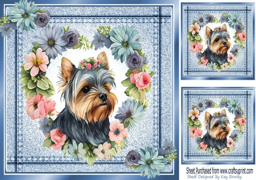 Lovely Yorkie in Heart Flower Wreath Denim Frame 8X8