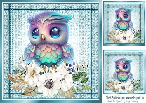 Lovely Little Owl with white flowers in Stitched  Denim Turq Card 8X8