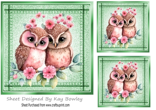 Lovely Stitched Denim Green Card Front 7x7 With Cuddling Owls