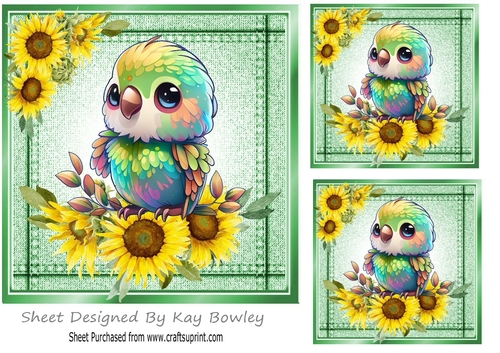 Lovely Stitched Denim Green Card Front 7x7 With Cute Budgie