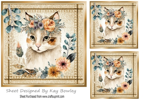 Lovely Stitched Denim Gold Card 7x7 With Cat/Flowers