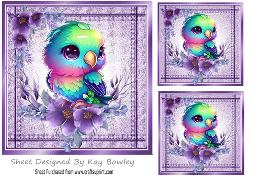 Lovely Stitched Denim Purple Card Front 7x7 Cute Parrot