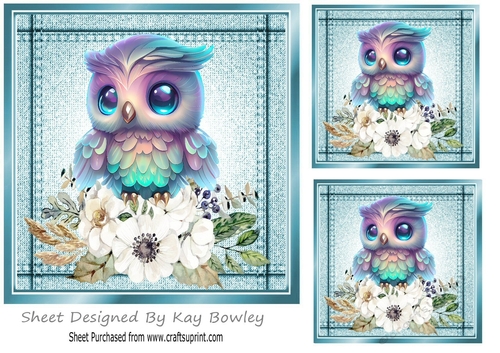 Lovely Denim Turq Card Front With Cute Owl White Flowers 7x7