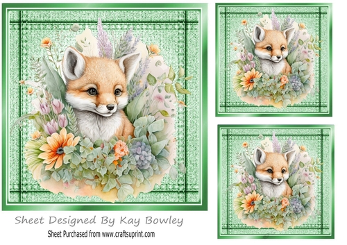 Lovely Denim Green Card Front 7x7 With Fox With Flowers