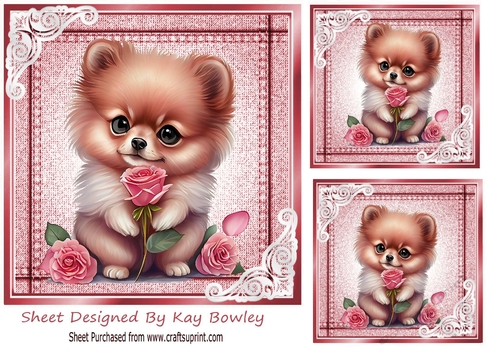 Lovely Stitched Denim Rose Card Front 7x7 With Puppy Rose