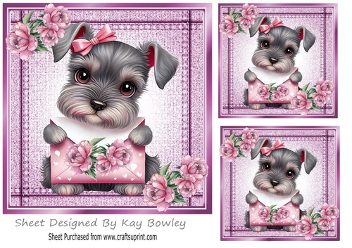 Lovely Stitched Denim Pink Card Front 7x7 With Puppy Peonies