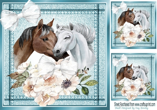 Lovely Stitched Denim Turq Card Front 8x8 With Horses& Flowers