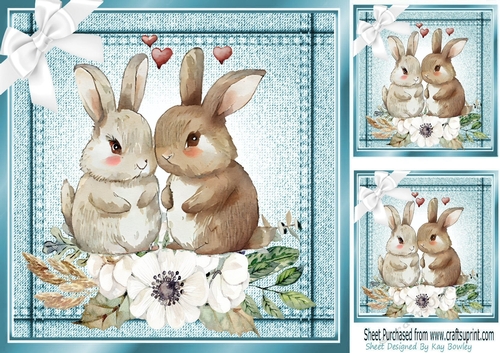 Lovely Stitched Denim Turq Card Front 8x8 With Bunnies Flowers