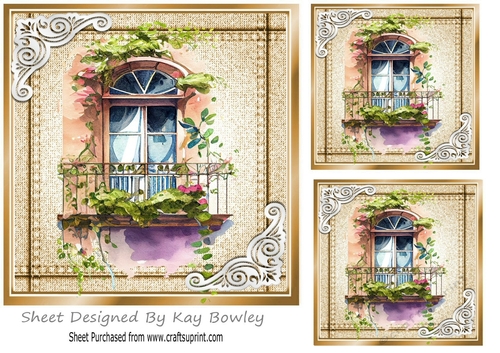 Pretty Windows with flowers in Stitched  Denim Gold Card 7X7