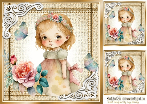  Princess With Roses in  Denim Gold Card With White Ornate Corners 8X8