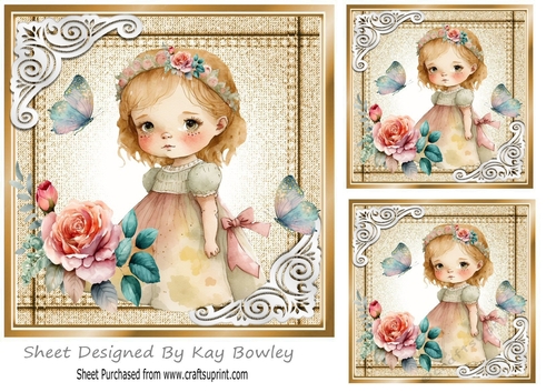 Princess With Roses in  Denim Gold Card With White Ornate Corners 7x7