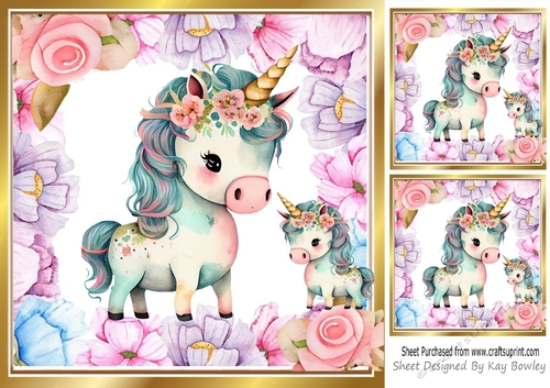 Sweet Rainbow Unicorns With Floral Fame 8x8