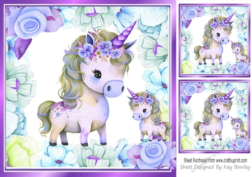 Sweet Rainbow Unicorns With  Purple Floral Fame 8x8