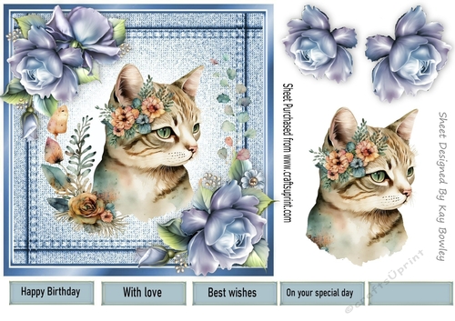Pretty Denim  Blue, Topper With Cat And Blue Roses (one) 7x7