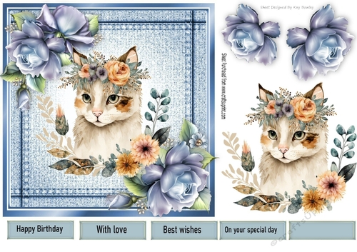 Pretty Denim  Blue, Topper With Cat And Blue Roses (two) 7x7