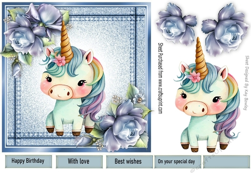 Pretty Denim  Blue, Topper With Cat And Blue Roses (four) 7x7