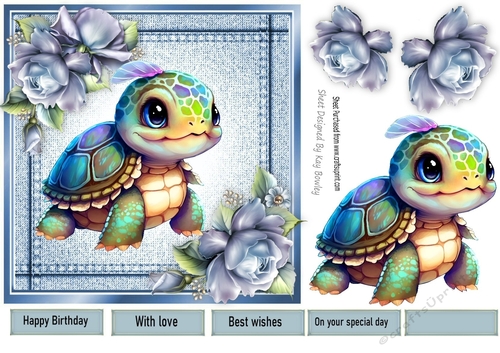 Pretty Denim  Blue, Topper With A Turtle And Blue Roses (five) 7x7