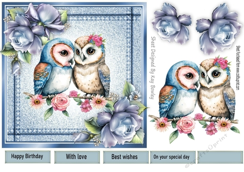 Denim  Blue, Topper & A Pair Of Cute Owls With Blue Roses (Six) 7x7
