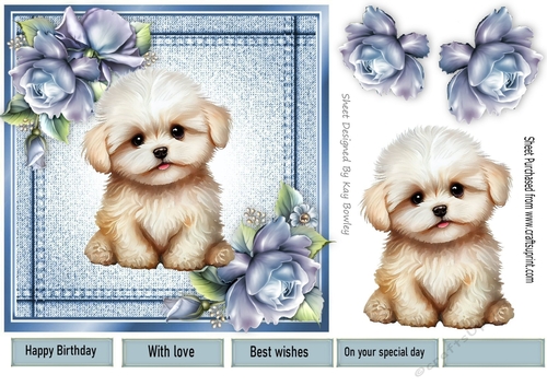 Pretty Denim  Blue, Topper A Cute White Dog &  Blue Roses (seven) 7x7