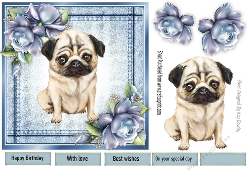 Pretty Denim  Blue, Topper A Cute Little Pug &  Blue Roses (Eight) 7x7
