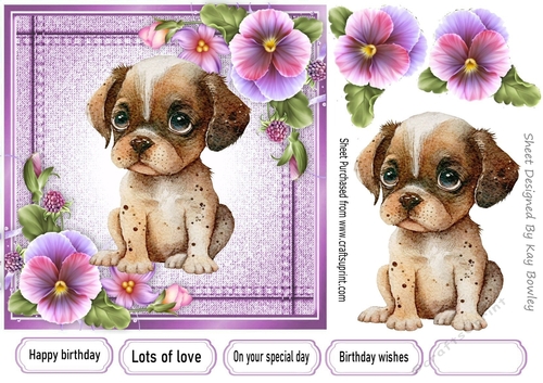 Pretty Denim Pink,Topper with Pansies And Puppy (one) 7x7