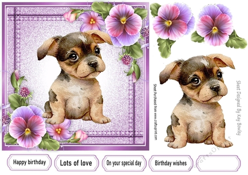 Pretty Denim Pink,Topper with Pansies And Puppy (Two) 7x7