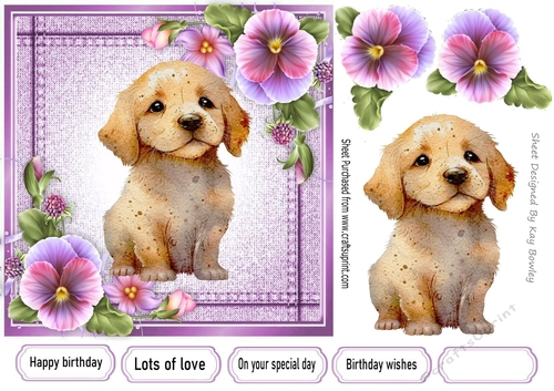 Pretty Denim Pink,Topper with Pansies And Puppy (three) 7x7
