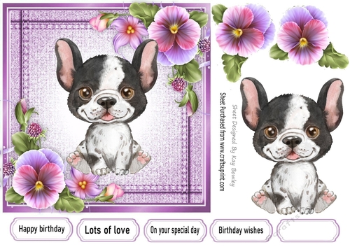 Pretty Denim Pink,Topper with Pansies And Puppy (Four) 7x7