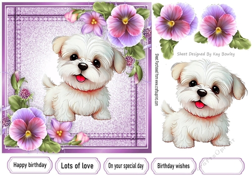 Pretty Denim Pink,Topper with Pansies And Puppy (Six) 7x7