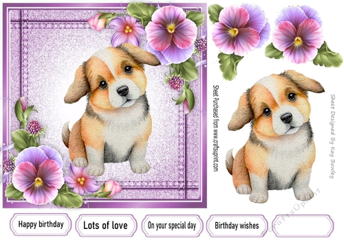 Pretty Denim Pink,Topper with Pansies And Puppy (seven) 7x7