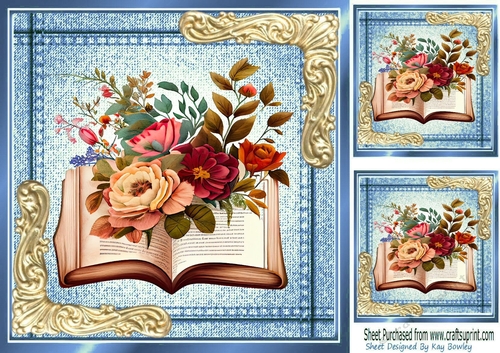 Denim Blue With Floral Open Book, Ornate Gold Corners 8x8 (two)