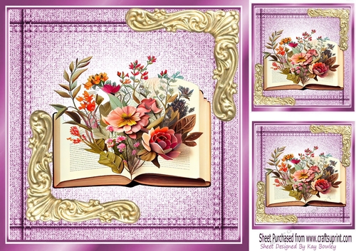 Denim Pink With Floral Open Book, Ornate Gold Corners 8x8 (three)