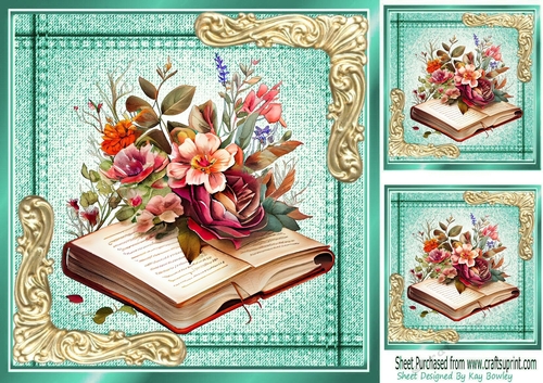 Denim Turq With Floral Open Book, Ornate Gold Corners 8x8 (four)