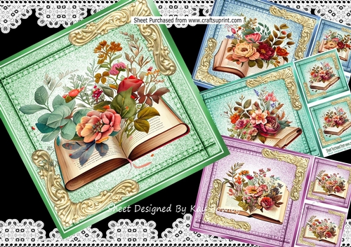  4 Denim Floral Open Books, with Ornate Gold Corners 8x8 Mini Kit