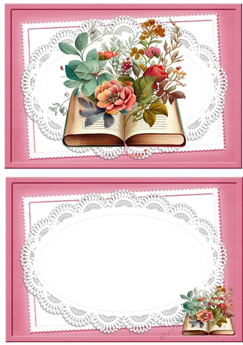 Pretty pink card and insert with book and flowers on lace A5