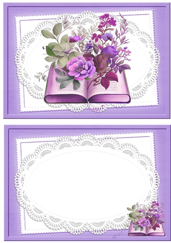 Pretty purple card and insert with book and flowers on lace A5