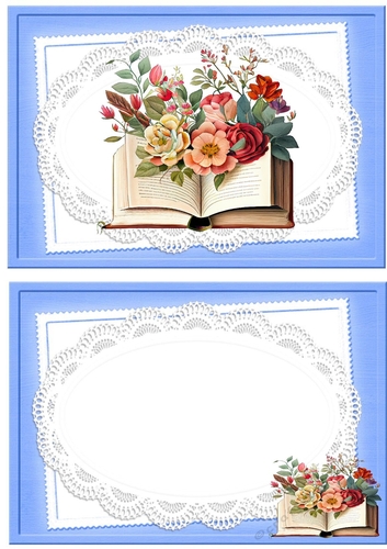 Pretty blue card and insert with book and flowers on lace A5