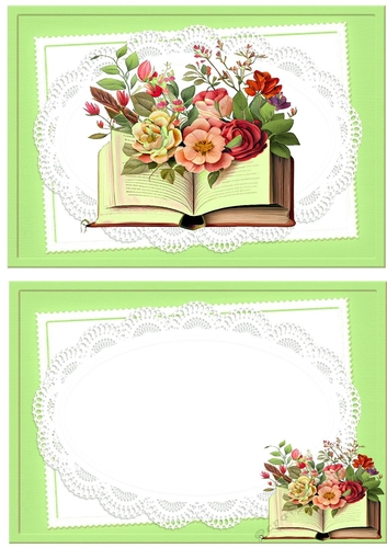Pretty green card and insert with book and flowers on lace A5