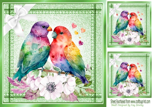 Cute Love Birds With White Flowers And Bow Green Denim 8x8