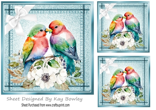 Cute Love Birds With White Flowers And Bow Blue Denim  7x7