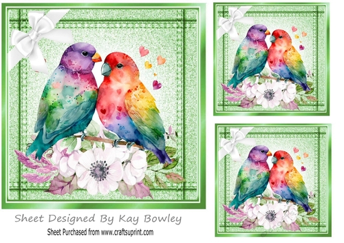 Cute Love Birds With White Flowers And Bow Green Denim 7x7