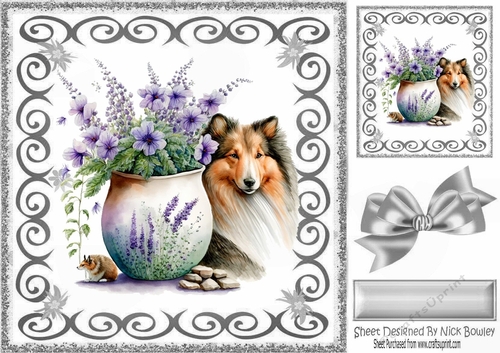 Silver Swirl 8x8 card front with Beautiful Collie and Flowers (one)