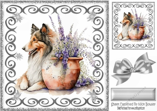 Silver Swirl 8x8 card front with Beautiful Collie and Flowers (two)