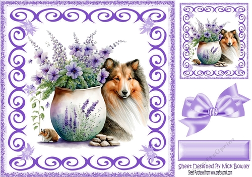 Purple Swirl 8x8 card front with Beautiful Collie and Flowers (two)