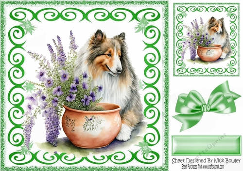 Green Swirl 8x8 card front with Beautiful Collie and Flowers (one)